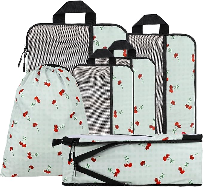 U+U 6 Set Compression Packing Cubes, Travel Organizers (Sage Green Cherry) | Space-Saving & Drawstring Bag Included by UU