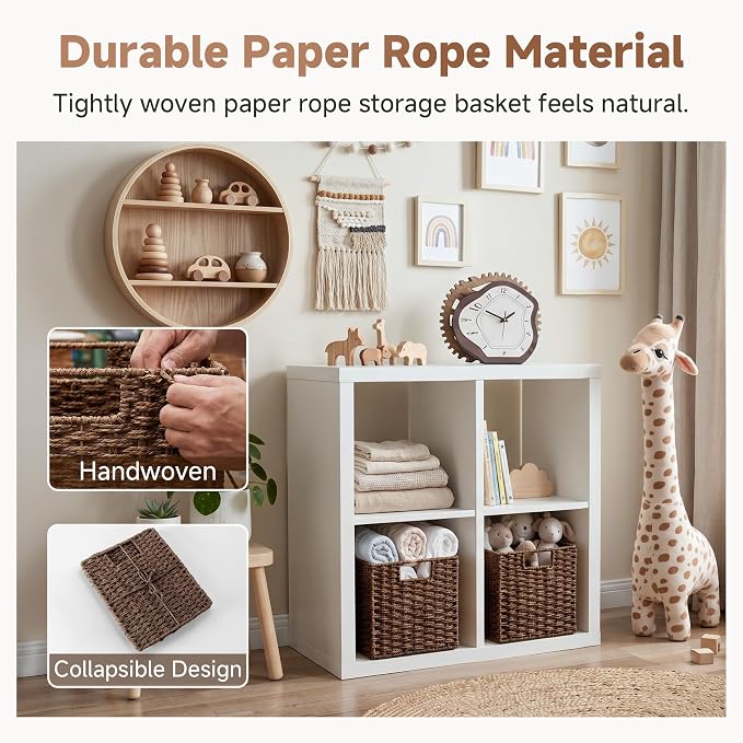 StorageWorks 9 inch Cube Storage Bins, Wicker Baskets for Storage, Brown | 2-Pack, Handwoven Wicker Storage Cubes,Paper Rope Square Cube Organizer Bins,Foldable,Baskets for Organizing,9x9 Storage Cube - Image 5