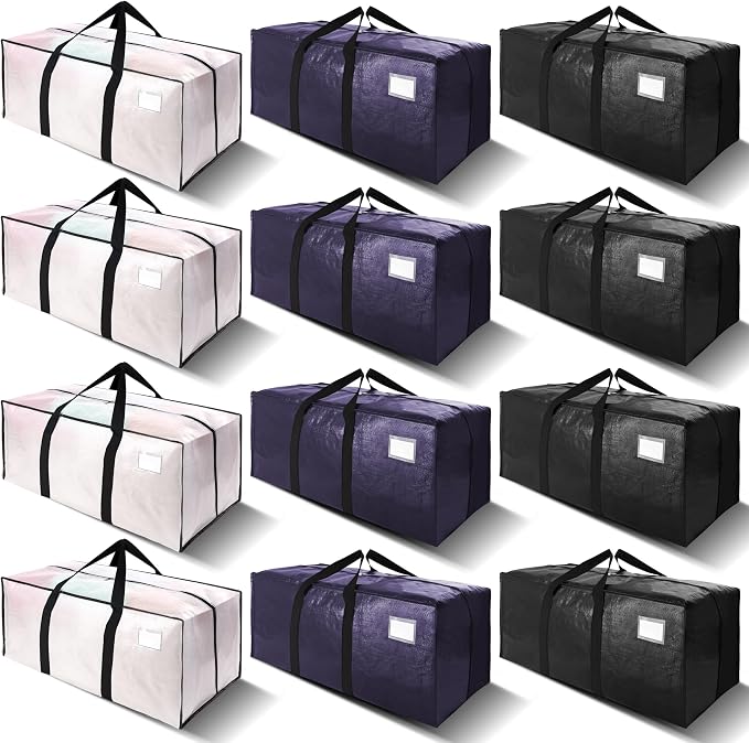 VELVETSURE 12 Pack Heavy Duty Large Moving Bags W/Backpack Straps - Strong Handles & Zippers, Storage Totes, Fold Flat, Alternative to Moving Box and Storage Bin, Semi-Transparent+Blue+Black by VELVETSURE