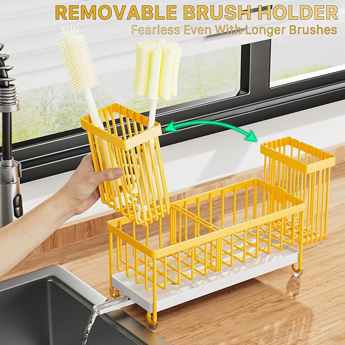 Cisily Sponge Holder for Kitchen Sink, Sink Caddy Organizer with High Brush Holder, Kitchen Countertop Organizers and Storage Essentials, Rustproof 304 Stainless Steel (Yellow, 9.25″) - Image 5