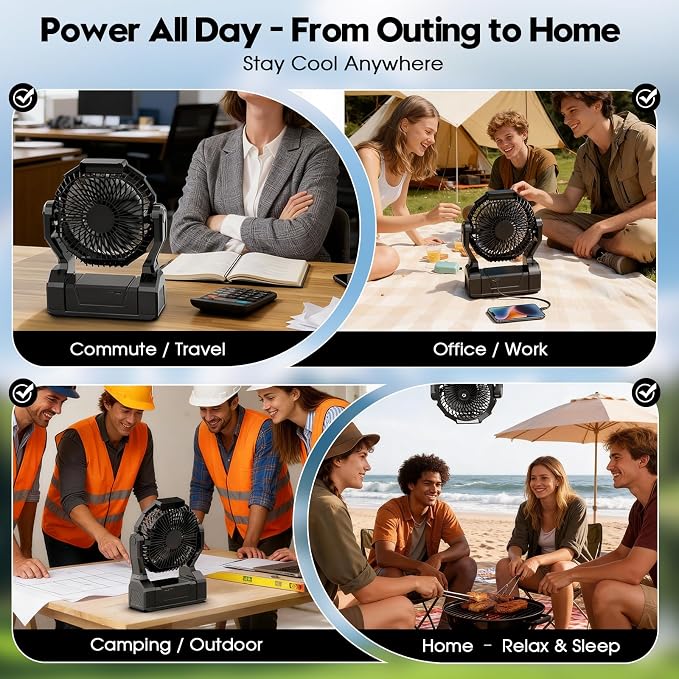 XZK 36000mAh Rechargeable Camping Fan, Battery Powered Portable Travel Fan | 98H Runtime, LED Light, Quiet Desk Fans for Indoor,Outdoor,Fishing,Jobsite & Hurricane Emergency, Gifts for Men Dad Him - Image 6