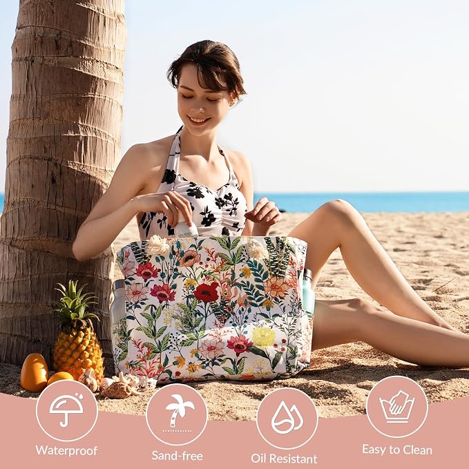Clothirily Beach Bag for Women, Large Beach Tote Bag Waterproof with Zipper | Large Capacity Swim Pool Bag, Inner Pockets, Sandproof Foldable Beach Tote for Travel Essentials - Image 6