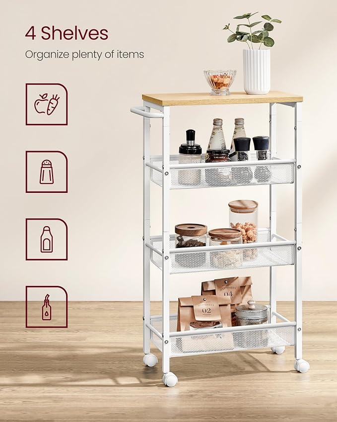 VASAGLE Slim Rolling Cart, 4-Tier, 8.7 Inches Deep, Steel Frame | Storage Cart with Handle, Narrow for Kitchen, Living Room, Golden Oak and Matte White, DACEY Collection ULRC033W09 - Image 3