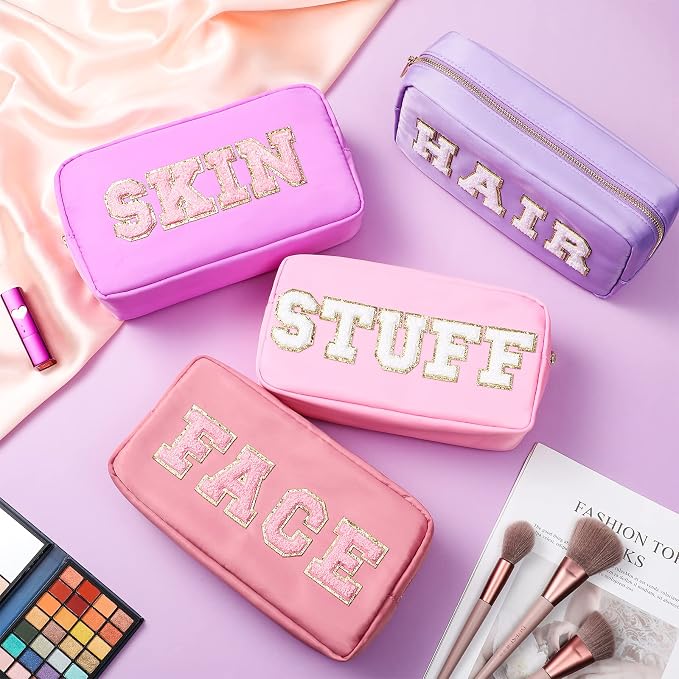 Preppy Makeup Bags Chenille Letter Stuff Bag Nylon Cosmetic Pouch Cases with Zipper for Women Travel Toiletry(Mixed Color,Classic,4 Pcs) - Image 2