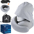 Travel Pillow - Hooded Neck Pillow Airplane Memory Foam Filling | for Plane, Office, Cars Sleeping, Road Trip, Long Flights Essentials, Includes Eye Mask & Earplugs (Light Gray) by Vzpeun