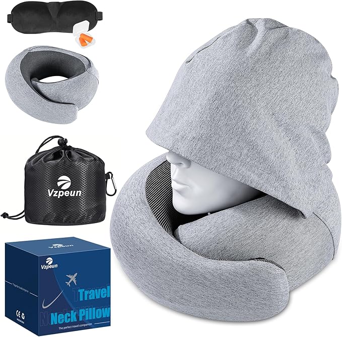 Travel Pillow - Hooded Neck Pillow Airplane Memory Foam Filling | for Plane, Office, Cars Sleeping, Road Trip, Long Flights Essentials, Includes Eye Mask & Earplugs (Light Gray) by Vzpeun