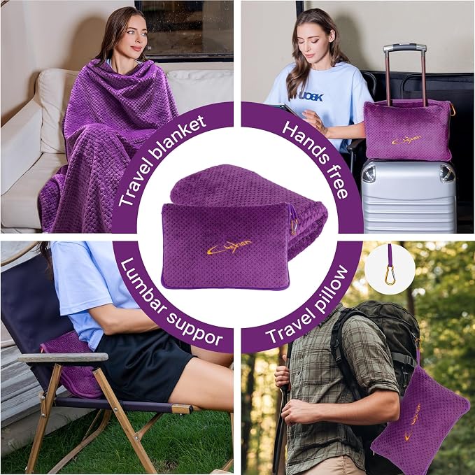 Travel Blanket Pillow-Premium Soft 2 in 1 Airplane Blanket for Long Trips Essentials with Bag Pillowcase, Hand Luggage Sleeve and Backpack Clip (Violet) - Image 3