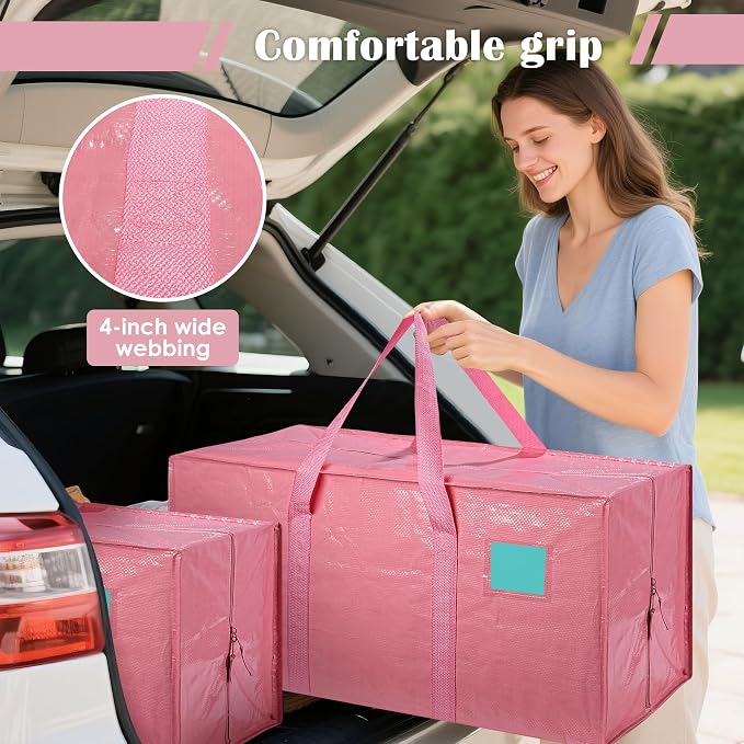 6 Pack Moving Bags with Full-Open Side Zipper, Extra Large 93L Heavy Duty Waterproof Foldable Storage Totes for College Dorm, Moving & Home Organization Pink - Image 6