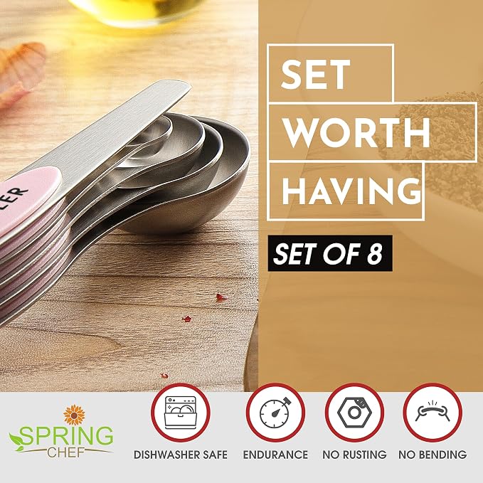 Spring Chef Stainless Steel 8 Magnetic Measuring Spoons Set, Pink Lemonade | Dual Sided Metal Teaspoon & Tablespoon Measuring Spoons with Leveler for Dry & Liquid Ingredients, Fits in Kitchen Spice Jars - Image 4