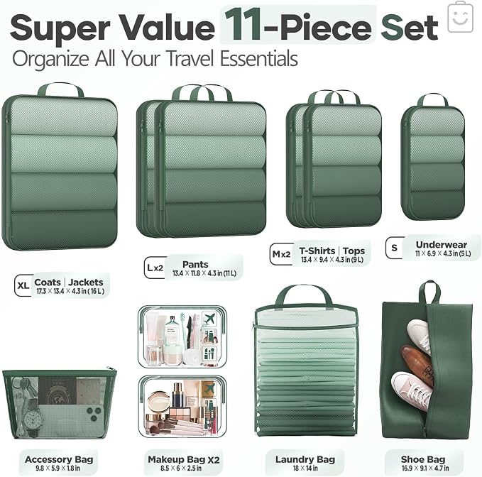 Veken 11 Set Compression Packing Cubes Garment Bags for Travel Essentials,Compressible Expandable Luggage Organizer Bags for Clothing,Space Saver Bags with Over 1000 pcs of Mesh Holes(Dark Green) - Image 2