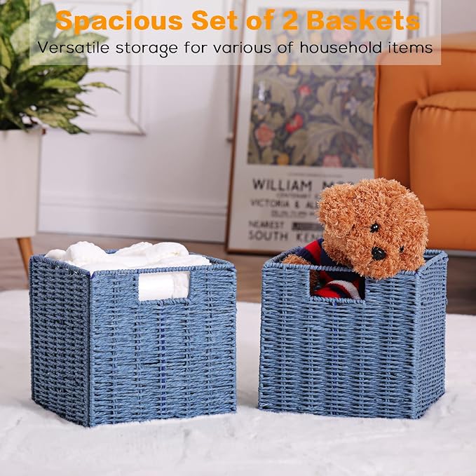 Wicker Storage Basket, Set of 2 Hand-Woven Storage Baskets for Shelves with Handles, Foldable Cube Storage Baskets Bins 11 Inch Large Wicker Baskets for Pantry Decor, Blue(11''x11''x11'') - Image 6