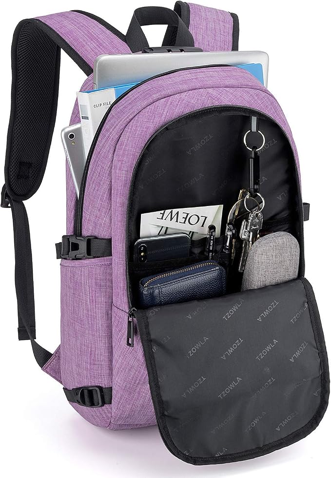 Tzowla Travel Laptop Backpack Water Resistant Anti-Theft Bag with Giant Tumbler Holder Pocket and Lock 17.3 Inch Computer Business Backpacks for Women Men Work College Gift,Casual Daypack(Purple) - Image 2