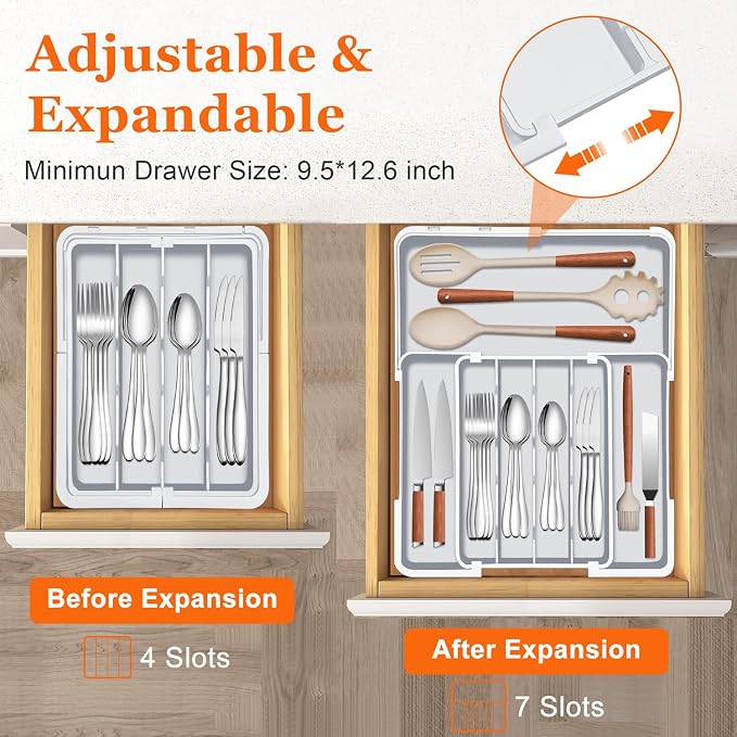 Silverware Drawer Organizer Tray, Adjustable Cutlery Storage for Kitchen, Expandable Flatware and Utensil Holder Divider for Spoons Forks Knives Tableware, 15 x 19, 4-7 Slots, Gray - Image 3