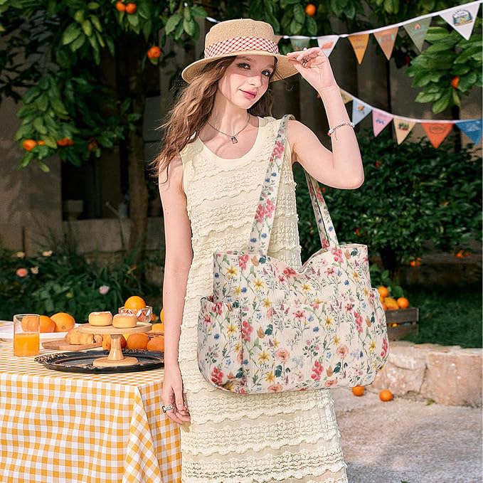 Corduroy Tote Bag for Women,Large Capacity Cute Tote Bags With 6 Pockets,Crossbody Shoulder Handbag for Work Travel Gym - Image 3