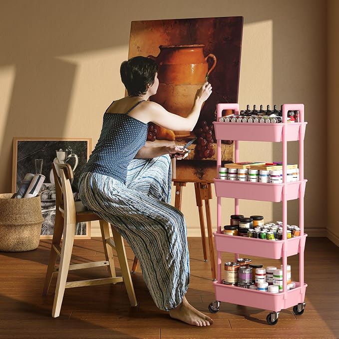 Pipishell 4 Tier Rolling Cart Organizer, Plastic Rolling Cart with Lockable Wheels & Reinforced Handle, Lightweight Utility Storage Cart for Nursery, Kitchen, Craft Room, Pink - Image 7