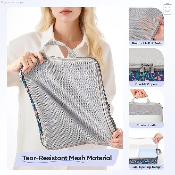 Veken 11 Set Compression Seting Cubes Garment Bags for Travel Essentials,Compressible Expandable Luggage Organizer Bags for Clothing,Space Saver Bags with Over 99 pcs of Mesh Holes(Dark Blue Floral) - Image 5
