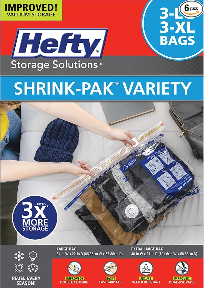 Hefty Shrink-Pak Vacuum Storage Bags - Space Saver for Under Bed Storage, Clothing and Comforters, Odor Resistant, 3X More Storage Space - 3 Large, 3 XL Bags by HeftyShrinkPak