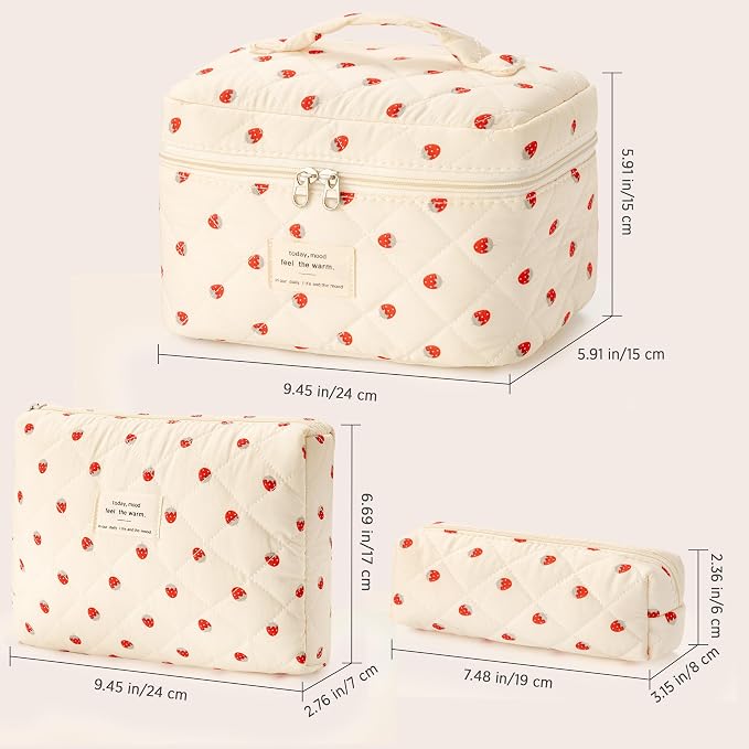 HBselect Quilted Makeup Bag, 3Pcs Cotton Large Travel Makeup Bags Organizer | Cute Floral Make up Bag Cosmetic Bag Toiletry Bag for Women Girls, Makeup Pouch for Skincare, Brushes & Travel Essentials - Image 6