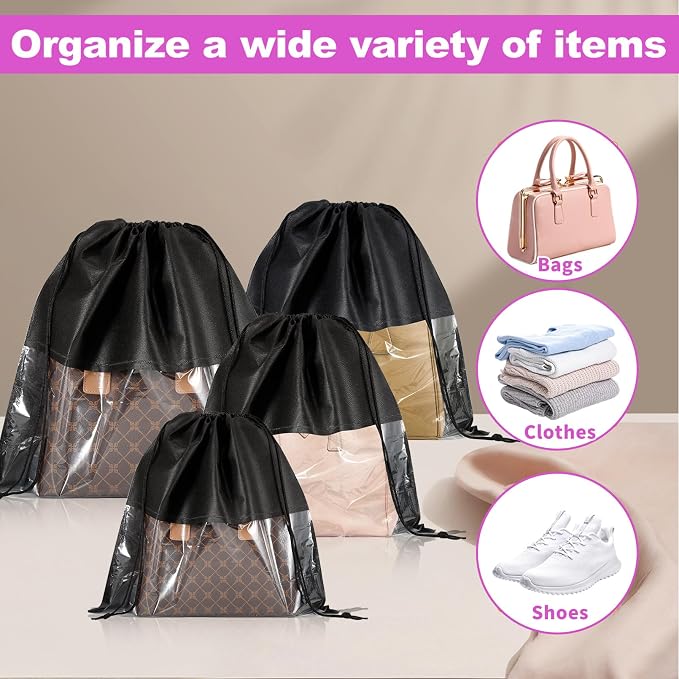 12Pcs Shoe Bags for Travel, Dust Bags for Handbags in 4 Size, Black | Dustproof Drawstring Bags, Breathable Non Woven Fabric Storage Bag for Handbags Shoes Purses - Image 3