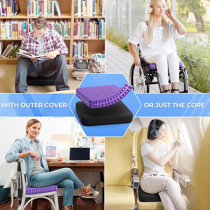 TushGuard Gel Seat Cushion for Long Sitting, Breathable Thick Patent Design | Enlarged Cooling Chair Pad for Office Chair, Wheelchair, Desk Chair, Supportive Car Cushion (2.2"Thinck, Black+Violet) - Image 6