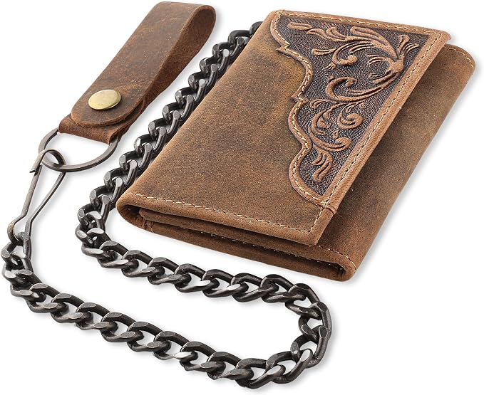 F&L CLASSIC RFID Blocking Men's Tri-fold Vintage Biker Cowhide Leather Steel Chain Wallet,Snap closure, brown, western style,315-83 by FLCLASSIC