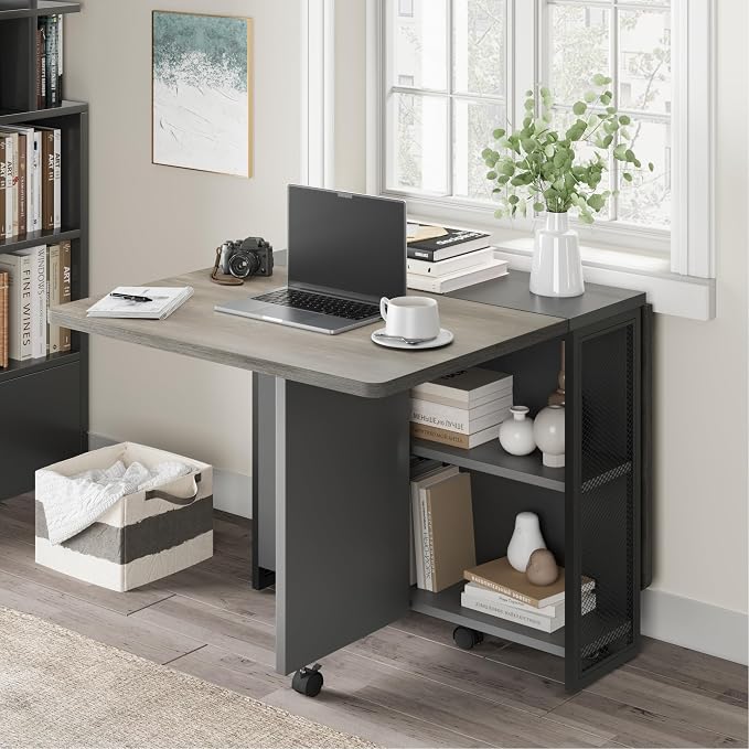 IDEALHOUSE FoldingTable, Drop Leaf Dining Table with 6 Wheels and 2-Layer Storage Shelf, Space Saving Table for Small Spaces (Slate Oak, 50.1" D x 31.4" W x 29.5" H) - Image 8