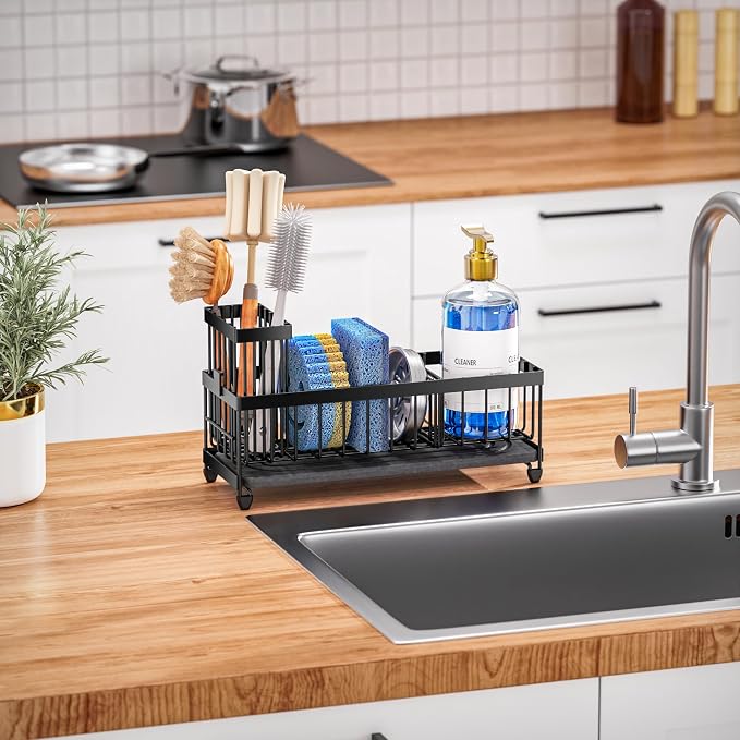 Cisily Sponge Holder for Kitchen Sink, Sink Caddy Organizer with High Brush Holder, Kitchen Countertop Organizers and Storage Essentials (Black Shelf with Stone Tray, Small) - Image 7