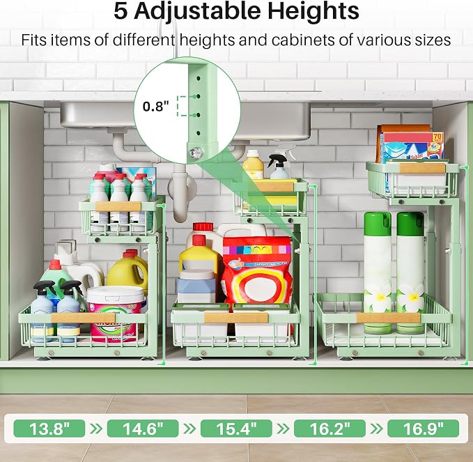 Kitstorack Under Sink Organizer, 2 Tier Under the Sink Storage, Slide out Pull out Cabinet Organizer Shelf, Metal Sliding Drawer for Kitchen Bathroom Pantry Closet Organization Rack, Green, 2 Pack - Image 4