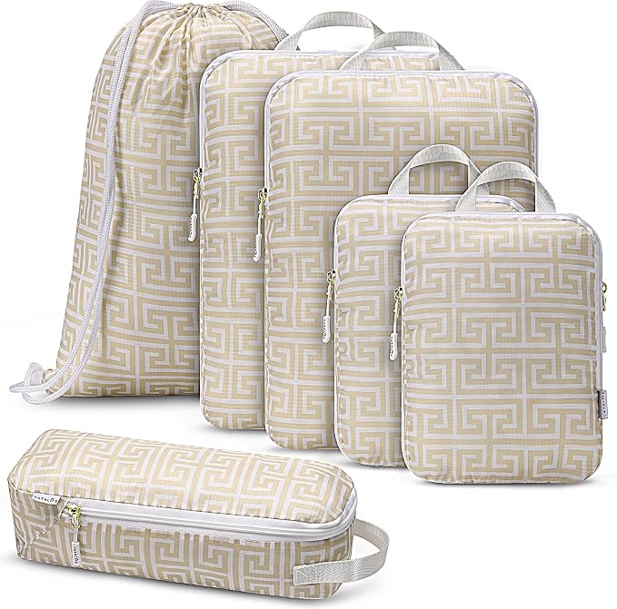 Compression Packing Cubes for Travel 6PC Set - Suitcase Organizer & Space Saver Bags for Carry On Luggage with Drawstring Backpack Beige Boho by Unknown