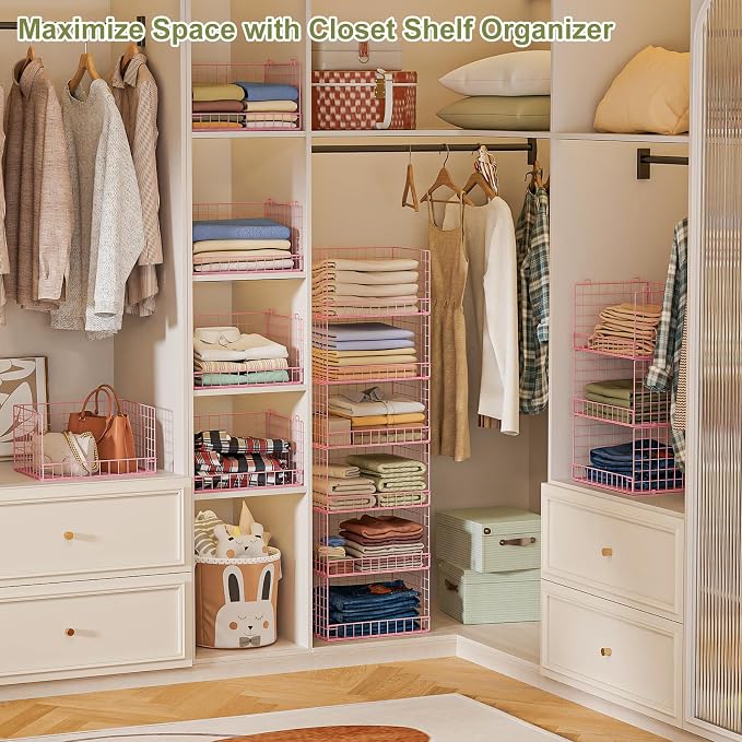 4-Tier Closet Organizers and Storage, Stackable Closet Organizer Basket, Foldable Closet Shelf Organizer Basket, Stackable Storage Bins and Organizer Shelves for Home Closet Organizer System, Pink - Image 5