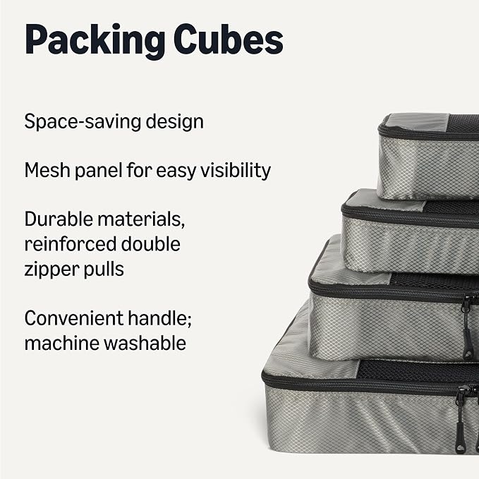 Amazon Essentials 4-Piece Packing Cubes Travel Accessories Set, Space-Saving Luggage Organizer with Double Zipper, Mesh Top Panel, Small/Medium/Large/Slim, Gray (Previously Amazon Basics) - Image 2
