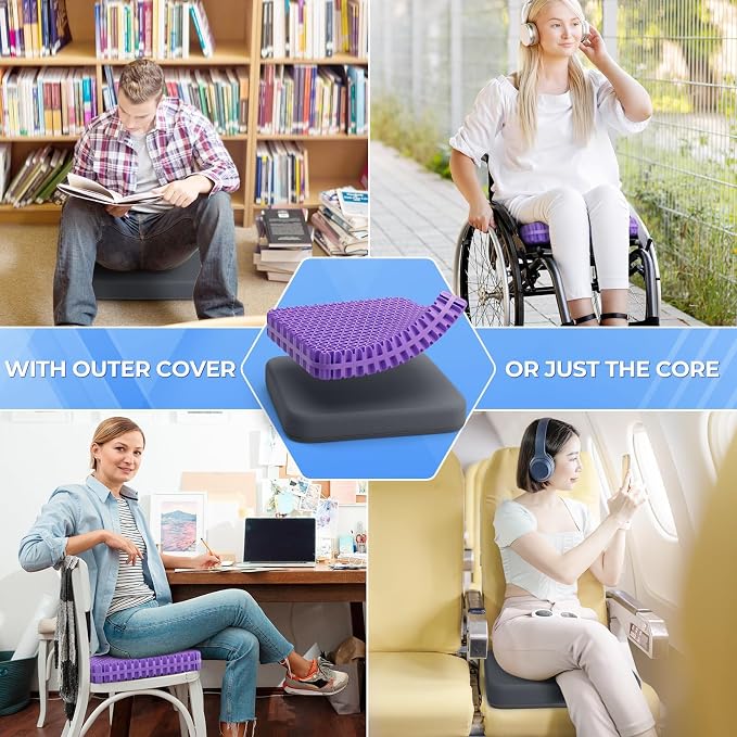 TushGuard Gel Seat Cushion for Long Sitting, Breathable Thick Patent Design | Enlarged Cooling Chair Pad for Office Chair, Wheelchair, Desk Chair, Supportive Car Cushion (2"Thick, Grey+Violet) - Image 7
