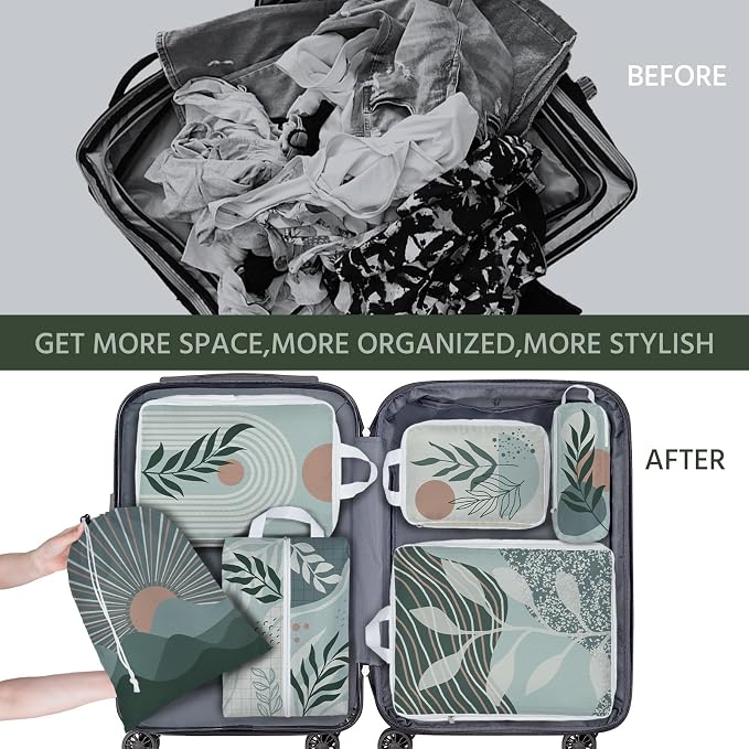 6 Pcs Compression Packing Cubes Waterproof Suitcase Travel Bag Luggage Backpack Organizer Travel Cubes for Packing-Bohemian - Image 2