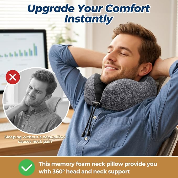 ExploreBliss Travel Pillow, Memory Foam Neck Pillow Airplane, Grey | Travel Pillows for Airplanes, Neck Pillow Airplane, Memory Foam Neck Pillow Set with Eye Mask, Earplugs - Image 6