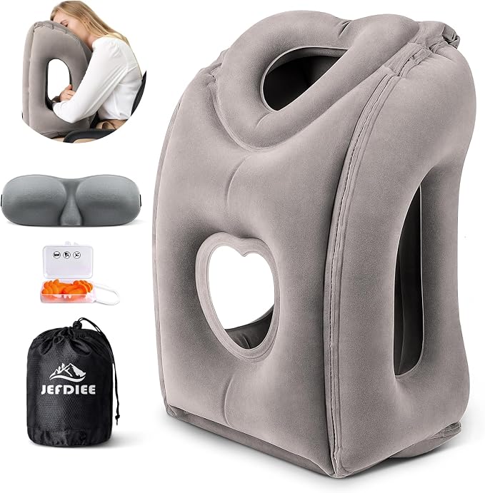 Inflatable Travel Pillow, Airplane Neck Pillow Comfortably Supports Head and Chin for Airplanes, Trains, Cars Office Napping on The Tray Table (Grey) by JEFDIEE