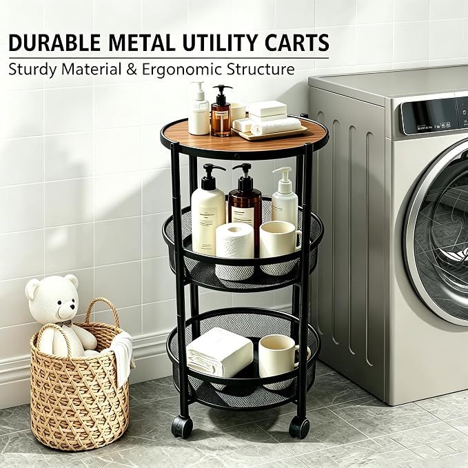 3-Tier Foldable Rolling Cart, Collapsible Metal Utility Cart with Wheels, Assembly-Free, Round Storage Organizer Trolley for Kitchen, Bathroom, Dorm, Nursery-Black - Image 6
