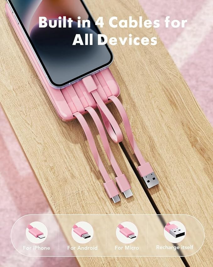 charmast Portable Charger with Built-in Cables X 4, Portable Phone Charger | 10000mAh USB C Battery Pack for All Phones Tablets,Cables Reinforced,Charge 6 Devices at Once,for Women Teens Students - Image 2