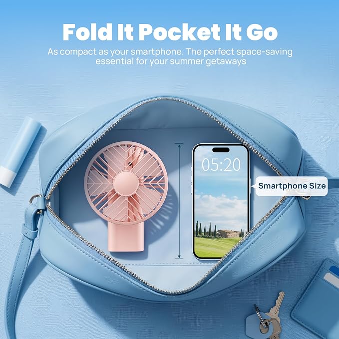 HAWANA Handheld Fan Rechargeable, Portable Mini Fan with 3000mAh Battery, Up to 10H Runtime, 180° Foldable Personal Fan, USB Travel Fan for Pocket, Office, Bedroom, Camping - Image 5