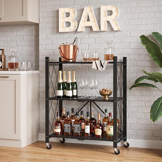 DEANIC 3 Tier Foldable Storage Shelves with Wheels, Kitchen Appliance Stand, Freestanding Metal Wire Shelf Rack, No Assembly Organizer Rolling Cart for Garage, Basement, Pantry(Black Pack of 2) - Image 11