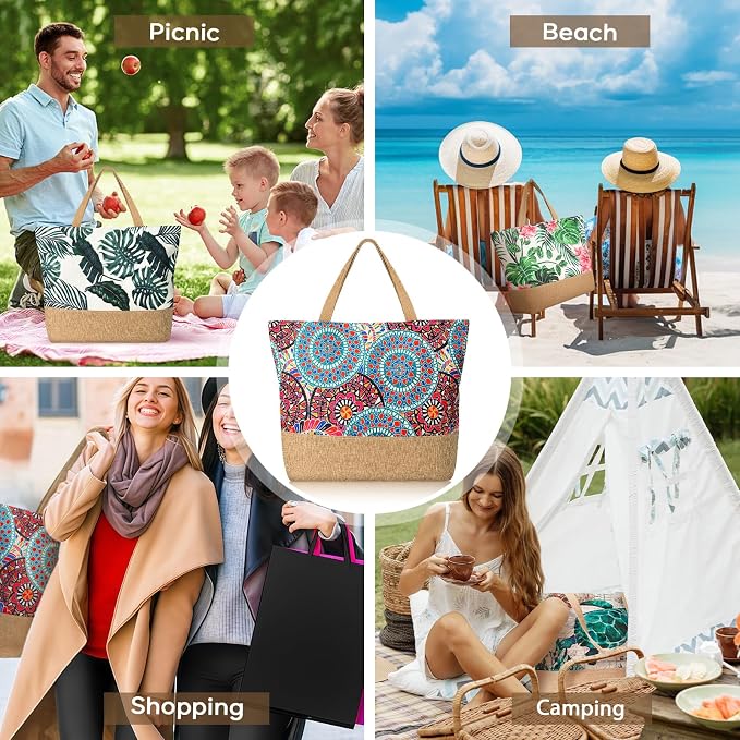 Trifabricy Beach Bags for Women,Waterproof Straw Beach Tote Bag With Zipper | Spacious Storage Capacity, Secure Zipper Closure, Reinforced Carry Handles, Stylish Printed Design For Outdoor Activities - Image 7