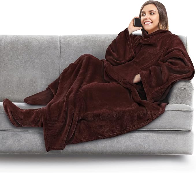 PAVILIA Fleece Blanket with Sleeves, Foot Pockets for Women Men Adults, Plush Wearable Blanket Throw Wrap, Warm Snuggle Blanket Robe, Cozy Gift Ideas Wife Mom, Brown by PAVILIA