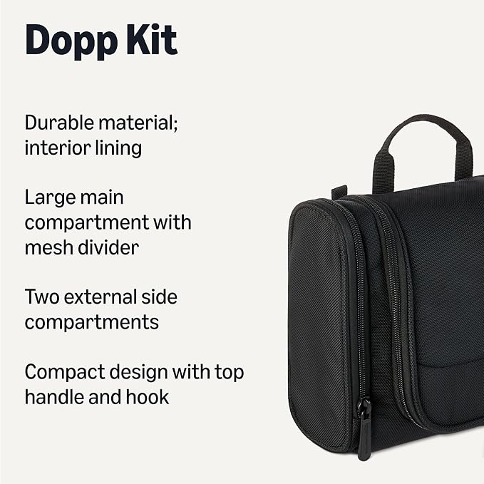 Amazon Essentials Spacious Toiletry Bag, Hanging Cosmetic Dopp Kit with Multiple Compartments, Durable Polyester, Large Capacity Storage, Compact Design, Black (Previously Amazon Basics) - Image 2