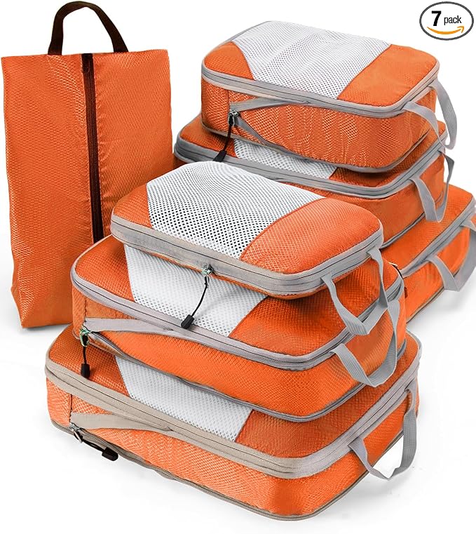 Meowoo 7 Set Compression Packing Cubes for Travel, Durable Ripstop Mesh Suitcase Organizer with Shoe Bag, Ultralight & Expandable Space Saver Travel Cubes by Meowoo