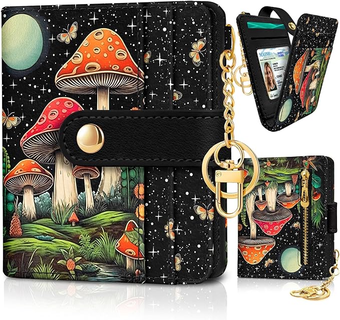 Jogjam Mushroom Rfid Women Wallet, Small Slim Thin Credit Card Holder | PU Leather Bifold Cash Zipper Coin Pocket ID Window, for Female Ladies Teen Girls Girly Gifts by Jogjam