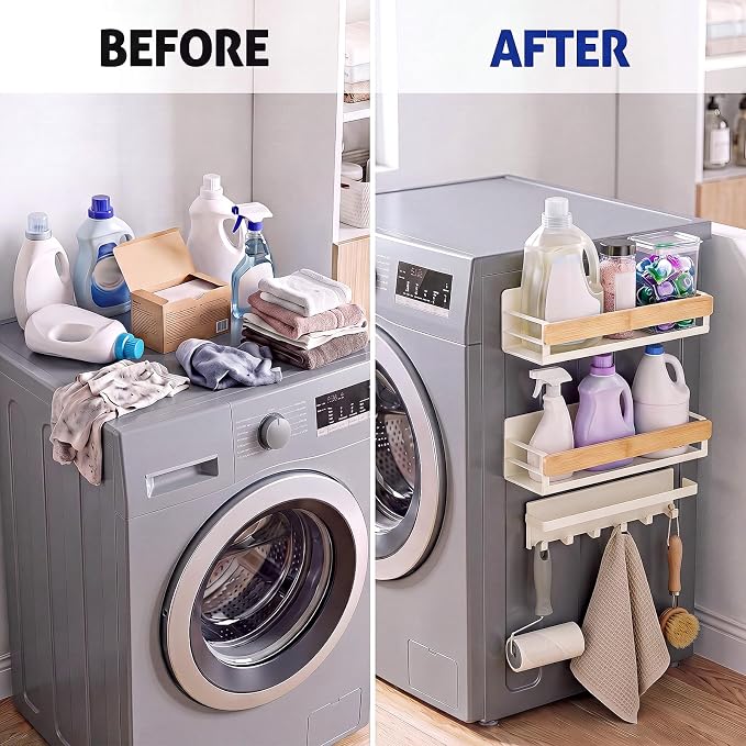 Bamboo 3 Pack Magnetic Shelves for Washing Machine, White Bamboo | Magnetic Laundry Shelf, Laundry Room Organization, Heavy-duty Storage for Kitchen Refrigerator, Detergent Holder with Hooks - Image 2