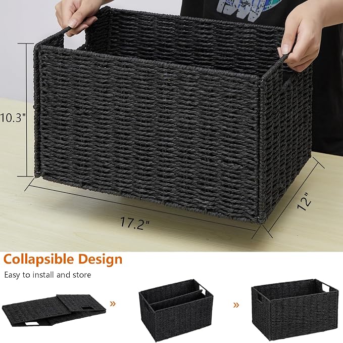 Wicker Storage Basket, Set of 2 Hand-Woven Paper Rope Wicker Basket, Small Storage Baskets for Organizing Toilet Paper Basket, Foldable Large Cube Storage Organizer Bins for Shelves (Black) - Image 2