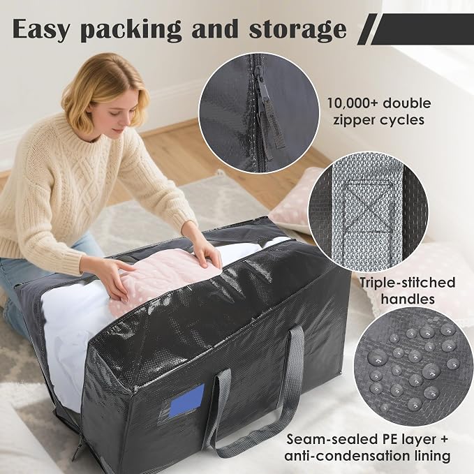 6 Pack Moving Bags with Full-Open Side Zipper, Extra Large 93L Heavy Duty Waterproof Foldable Storage Totes for College Dorm, Moving & Home Organization Gray - Image 4