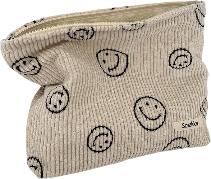 Cosmetic Bags for Women - Corduroy Cosmetic Bag Aesthetic Women Handbags Purses Smile Dots Makeup Organizer Storage Makeup Bag Girls Case Bags (A-Beige) by Gardsell