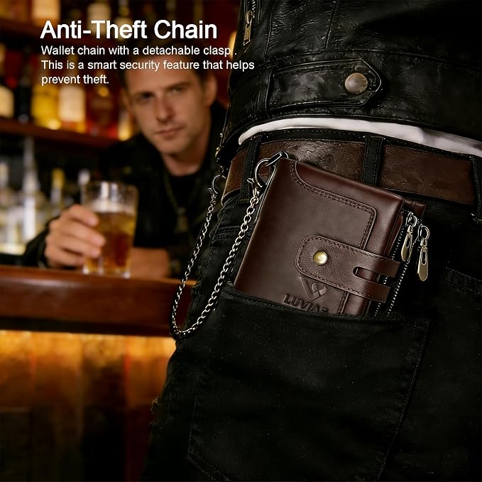 Mens Wallet with Chain Genuine Leather 1 ID Window Purse with RFID Blocking Bifold Double Zipper Coin Pocket - Image 3