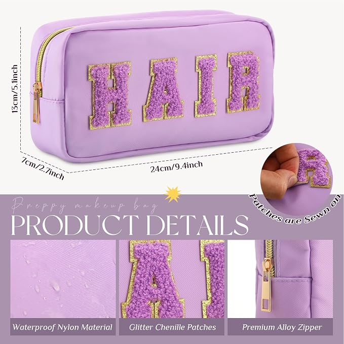 Preppy Makeup Bags Chenille Letter Stuff Bag Nylon Cosmetic Pouch Cases with Zipper for Women Travel Toiletry(Purple Set,Classic,4 Pcs) - Image 2